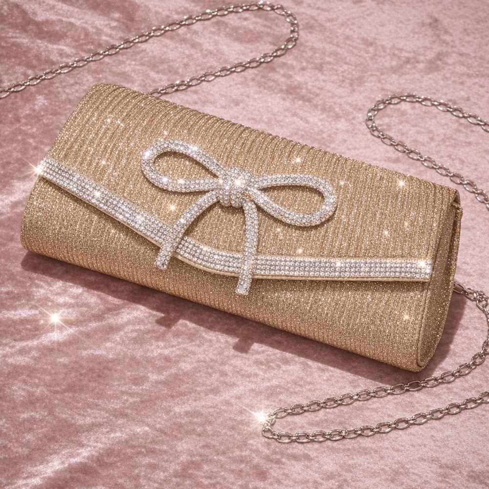 Luxey Gold Clutch with Silver Bow Detail NWT by TU.LX